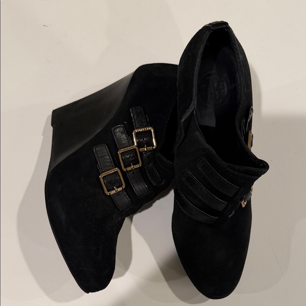 Tory Burch Black Wedge Ankle Boots with Buckles